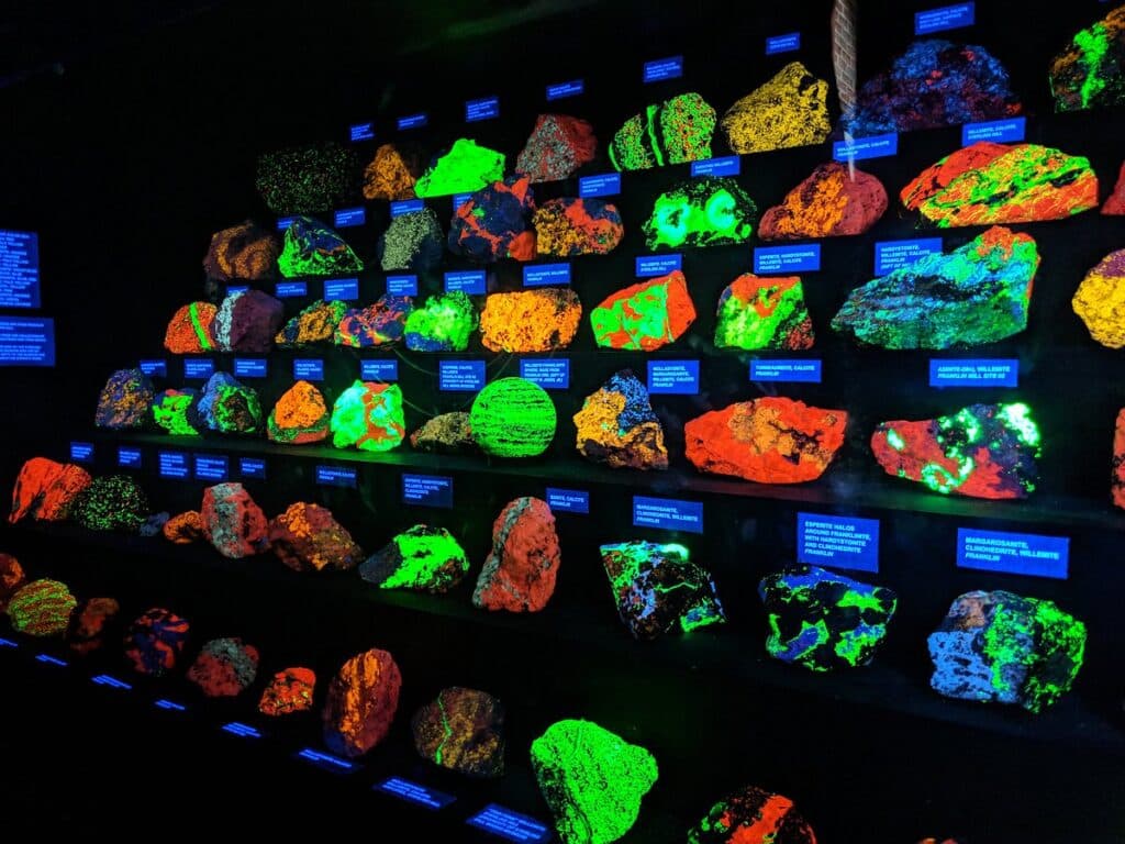 A display of fluorescent minerals inside the Sterling Hill Mining Museum.